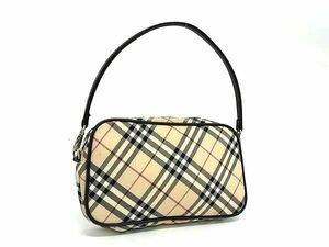 1円 ■美品■ BURBERRY バーバリーブルーレーベル キャンバス×レザー チェック柄 ハンドバッグ ポーチ ベージュ系×ブラック系 FH0101