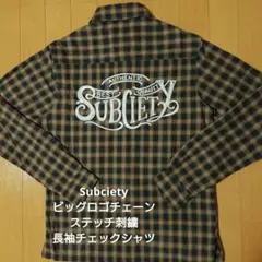 Subciety 9163 ビッグロゴチェーンステッチ刺繍長袖チェックシャツ