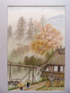 〇色鉛筆画 宅配８０サイズ　風景画　田園風景　合掌造り　絵画 ⑧