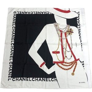 ■CHANEL シャネル 大判 スカーフ マドモアゼル シルエット 白×黒×赤 シルク100%/am-A-210-5731-14.2/高級/本物/エレガント/ビンテージ