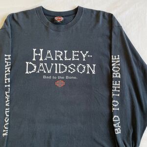 Special! Harley Davidson 袖プリント XL Tシャツ USA製 スカル ボーン 骨 ビンテージ ハーレーダビッドソン ブラック 黒 長袖 ロンT 90s