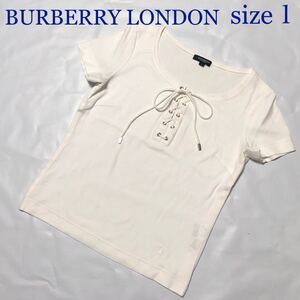 BURBERRY LONDON バーバリーロンドン　半袖Tシャツ　レースアップ　刺繍ロゴ　size1　三陽商会 ホワイト　コットン