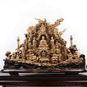 【天然沈香木彫】大きな仏像 ◆華厳三聖の仏像◆幅は約: 130(cm 仏教美術 木の雕刻品 沈香 木彫り仏像 職人手作り jp1508