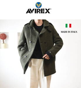 希少なユーロライン！AVIREX（アヴィレックス）イタリア製・圧縮ニットPコート sizeM　モスグリーンカラー MADE IN ITALY.