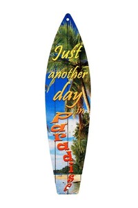 パラダイス DAY IN PARADISE 南国の浜辺 サーフボード型 サーフィン 雑貨 メタルプレート アメリカンブリキ看板