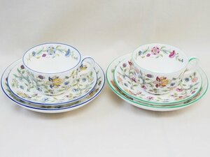 中古・美品【MINTON ミントン】ハドンホール トリオ×２セット 色違い ペアC&S カップ&ソーサー 深めケーキ皿 グリーン&ブルー HADDONHALL