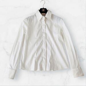  イタリア製★Max Mara/マックスマーラ★高級生地/lycra by dupont/長袖シャツ/ブラウス【レディースL程度/white/白】シェルボタン　