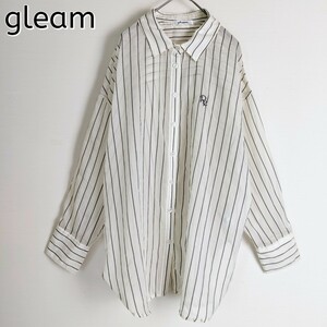 【涼着】gleam グリーム☆刺繍ロゴ付シャツ　透け感　ストライプ　White ホワイト 白　長袖　日焼け対策