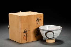 【善古堂】某有名オークション買入 時代物 古瀬戸焼 谷口祥八作 粉引茶 共箱 茶煎道具 骨董品 古美術0525-46S01　