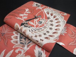 1円 良品 正絹 名古屋帯 和装 和服 花唐草 オリエンタル更紗 孔雀 全通柄 九寸帯 高級 長さ363cm【夢職】★★★