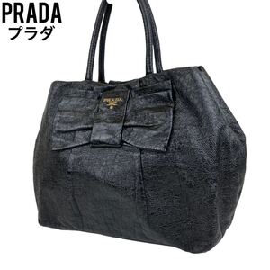 美品　PRADA プラダ　ハンドバッグ　リボン　ブラック　手提げ　フィオッコ　トートバッグ　ショルダーバッグ　黒　パテント　レザー