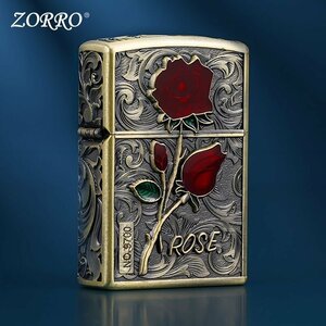 1円 新品 ZORRO 赤バラ ライター 5面刻印 重量感 ライター 未使用 オイルライター 喫煙グッズ