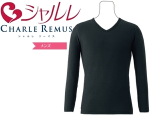 SALE送料350円~(即決は送料無料)訳あり新品CHARLEリーマスVネック長袖TシャツMメンズ黒マイクロ起毛インナー保湿ブラック下着シャルレREMUS