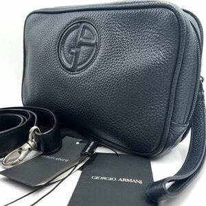 【超美品】GIORGIO ARMANI ジョルジオアルマーニ ショルダーバッグ メッセンジャー ポシェット 2way クラッチ メンズ レザー ネイビー