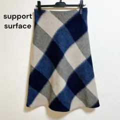 美品 support surface ウール チェック フレアスカート