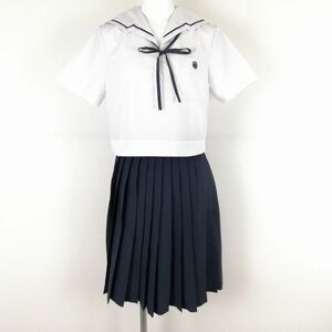 1円 セーラー服 スカート 紐タイ 上下3点セット L カンコー 夏物 青1本線 女子 学生服 中学 高校 白 制服 中古 ランクC NA8812