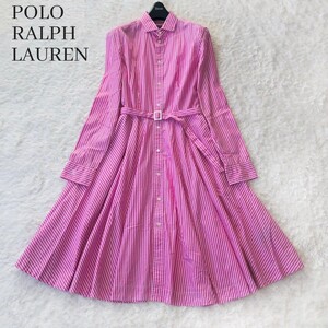 現行 POLO RALPH LAUREN ポロラルフローレン シャツワンピース 2way ロゴ刺繍 ロング Aライン フレア ベルトストライプ 総柄 コットン 綿　