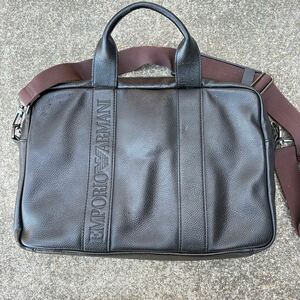 EMPORIO ARMANI エンポリオアルマーニ A4収納 ロゴ型押し 2way ブリーフケース ビジネスバッグ シボレザー メンズ ブラック 黒色