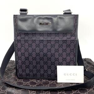 GUCCI グッチ ショルダーバッグ GGキャンバス ブラック レザー フラット g00590