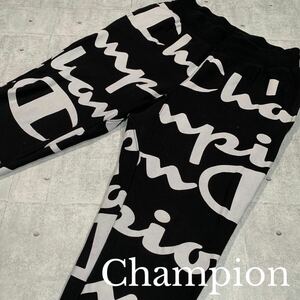 美品/Mサイズ●リバースウィーブ デカロゴ 総柄 Champion チャンピオン 裏起毛 スウェット パンツ トレーナー ブラック 黒