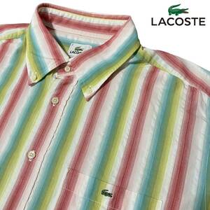 ビッグシルエットXXL相当【LACOSTE】半袖シャツ 希少!!鮮やかマルチストライプ柄 ラコステ 釦ロゴ刻印 オーバーサイズシャツ 美品◎