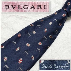 ■希少セッテピエゲ■BVLGARI ブルガリ　ネクタイ　ラグビーボール　ゴールポスト　Davide Pizzigowデザイン　シルク　イタリア製　ブルー