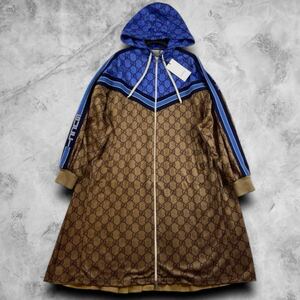 新品未使用!!!【GUCCI グッチ】ワンピース ジップアップパーカー ロング コート GG柄 サイドライン ロゴ プリーツ フード マキシ 青