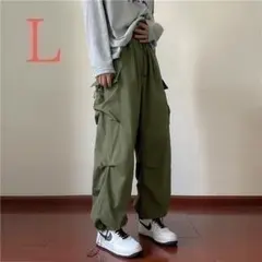 【人気！】カーゴパンツ　ワイド パンツ　カーキ L ミリタリー　カジュアル