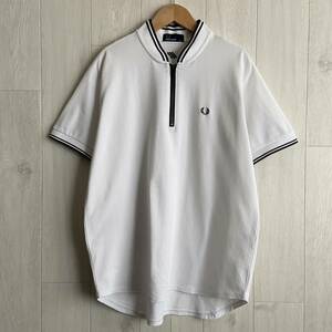 【1円スタート】 FRED PERRY フレッドペリー 刺繍ロゴ ワンポイント ハーフジップ 鹿子 半袖 Tシャツ Mサイズ 白 ホワイト 黒 ブラック