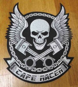 『特大B』SV黒銀■【鉛筆画】両翼ピストン髑髏◎新品CAFE RACER　UKカフェレーサー　アメリカ　USバイク　オートバイ二輪車　刺繍ワッペン 