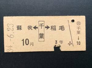 国鉄 両矢印式乗車券 蘇我←千葉→稲毛 10円 3等 昭和34年