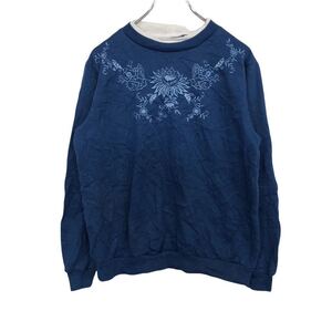 Blain 刺繍トレーナー レディース S ネイビー スウェット 裏起毛 花柄 ワンポイント 古着卸 アメリカ仕入 t2112-3943