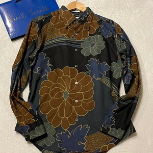 美品/Lサイズ●Paul Smith【春夏のお洒落】ポールスミス シャツ 長袖 花柄 総柄 和柄 日本 大和魂 コットン 高級感 ブラウン系