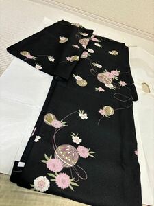 小紋　単衣　鞠　桜　花　華　黒色地　着物　和服　和装　着物コーデ　リメイク　ハンドメイド　生地　衣装　ポリ