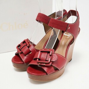 GP0705*《Chloe クロエ》レザーサンダル ウエッジソールサンダル Size 37 バックル装飾 靴 レッド