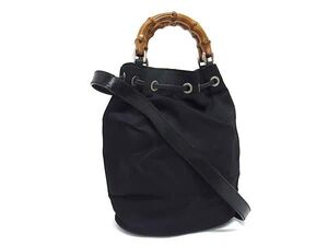 1円 ■美品■ GUCCI グッチ 003 2854 0060 バンブー ナイロン×レザー 巾着型 2WAY ショルダー ハンドバッグ 肩掛け ブラック系 FL1437