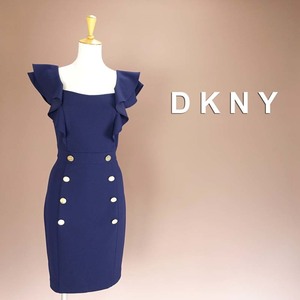 新品 DKNY 14/19号 ダナキャラン 紺 ゴールド フリル ワンピース パーティドレス 大きいサイズ 結婚式 二次会 披露宴 フォーマル 凛39J0818