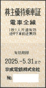 京成電鉄株主優待乗車証６枚売り。期限２０２５年５月３１日。