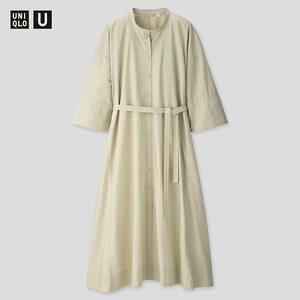 【新品・S/M・ライトグリーン】ユニクロ×ルメール■Uniqlo U ユニクロユー スタンドカラーシャツワンピース（7分袖）ゆとりあるシルエット