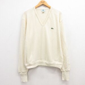 XL/古着 ラコステ LACOSTE IZOD 長袖 ブランド セーター メンズ 90s ワンポイントロゴ アクリル Vネック 薄黄 イエロー 24dec05 中古 ニッ