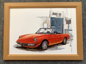 ■BOW。池田和弘『Alfa-Romeo 2000 Spyder』B5サイズ 額入り 貴重イラスト 印刷物 ポスター風デザイン 額装品 アートフレーム 旧車