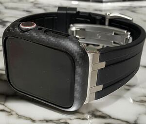 マット カーボン　ブラックシルバー　アップルウォッチバンド Carbon カバー　ラバーベルト　Apple Watch ケース　44 45 49 ultra ウルトラ