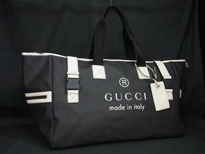 1円 ■極美品■ GUCCI グッチ 169936 1669 PVC×レザー ハンドバッグ トートバッグ メンズ レディース ブラック系×アイボリー系 FF0302