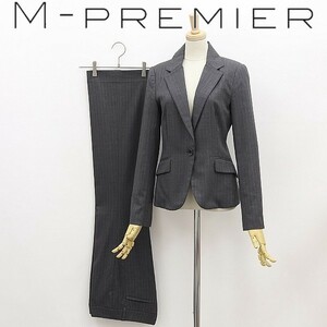 ◆M-PREMIER エムプルミエ シルク混 ストレッチ ストライプ柄 1釦 ジャケット＆フレア パンツ スーツ セットアップ グレー 36