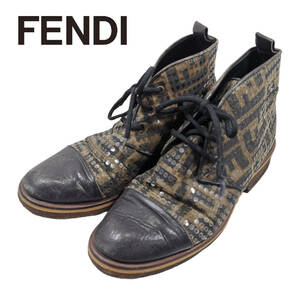 FENDI フェンディ ショートブーツ 靴 ズッカ柄 ブラウン キャンバス レザー レディース