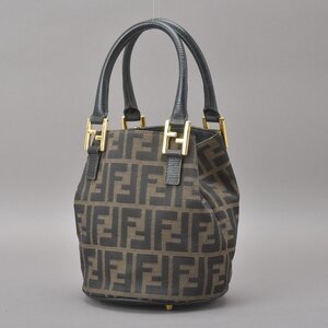 1円 美品 FENDI フェンディ ズッカ ハンドバッグ ジャガード レザー ブラック ブラウン トートバッグ ミニバッグ FF金具 鞄 Mc.b