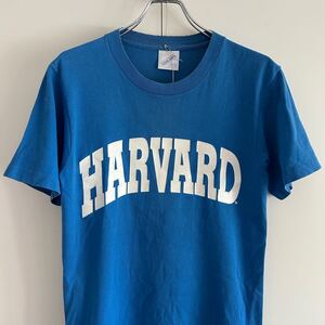 90s HARVARD ハーバード USA製 カレッジプリント Tシャツ S クルーネック シングルステッチ ロゴ ブルー 古着