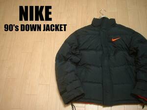 90sビンテージNIKEワンポイントスウッシュ刺繍ダウンジャケットM黒ブラックxオレンジ正規ナイキDOWN JACKETスウォッシュSWOOSH羽毛ブルゾン