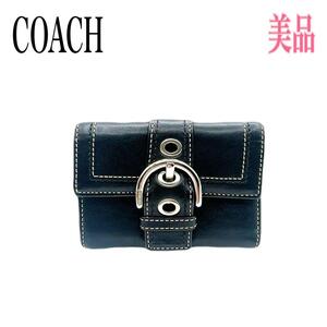 COACH コーチ 三つ折り財布 折り財布 コンパクト財布 wallet Wallet 財布 ベルトデザイン ブラック系 黒系 シルバー金具 レザー 本革