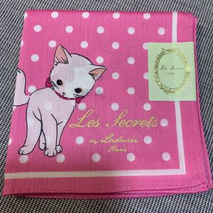 LADUREE ラデュレ ハンカチ ねこキャット×いぬドック ドット水玉 ピンク 未使用B